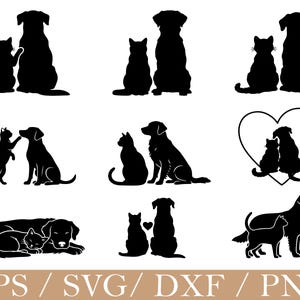 Könnte beinhalten: Eine Sammlung schwarzer Silhouette-Bilder mit Hunden und Katzen. Die Bilder zeigen verschiedene Posen, darunter Haustiere, die zusammen sitzen, interagieren und kuscheln. Der untere Teil des Bildes enthält den Text "EPS / SVG / DXF / PNG".