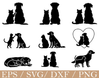 Peut inclure: Plusieurs images de silhouettes noires représentant des chiens et des chats. Les images montrent diverses poses, notamment des animaux de compagnie assis ensemble, interagissant et se câlinant. Le bas de l'image contient le texte "EPS / SVG / DXF / PNG".