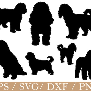 May include: Black silhouette images of various dog breeds in different poses. The image includes the text "EPS / SVG / DXF / PNG" at the bottom. The dogs are depicted standing, sitting, and lying down.