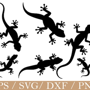 Puede incluir: Ilustraciones de siluetas negras de geckos en varias poses sobre un fondo blanco. Los geckos tienen pies y colas detallados. La parte inferior de la imagen incluye el texto "EPS / SVG / DXF / PNG".