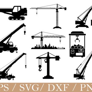 May include: Black silhouette illustrations of various construction cranes, including mobile cranes, tower cranes, and a claw machine. The image also includes the text "EPS / SVG / DXF / PNG".