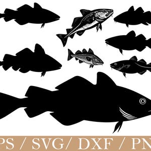 May include: A collection of fish illustrations in black and white. The image includes both detailed drawings and silhouettes of various fish, with a focus on the cod species. The bottom of the image displays the text "EPS / SVG / DXF / PNG".