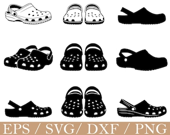May include: A collection of black and white clogs in various views. The image includes side, front, and angled perspectives of the shoes. The clogs have a perforated design and a strap. The bottom of the image has the text "EPS / SVG / DXF / PNG".