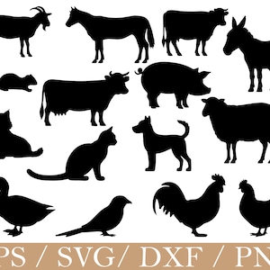 Könnte beinhalten: Schwarze Silhouette-Illustrationen verschiedener Nutztiere und Haustiere, darunter eine Ziege, ein Pferd, eine Kuh, ein Esel, ein Schwein, ein Schaf, ein Hund, eine Katze, eine Ente, ein Vogel, ein Hahn und ein Huhn. Der Text "EPS / SVG / DXF / PNG" ist ebenfalls enthalten.