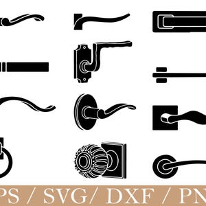 Puede incluir: Siluetas negras de herrajes para puertas, incluyendo varios estilos de manijas, pomos y una ranura para correo. Los diseños varían desde manijas de palanca tradicionales hasta estilos minimalistas modernos. El texto "EPS / SVG / DXF / PNG" se muestra en la parte inferior.