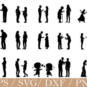 May include: A collection of fifteen black silhouettes depicting various pairs of people interacting, including adults, children, and an elderly person with a cane, arranged in three rows with the text EPS / SVG / DXF / PNG at the bottom.
