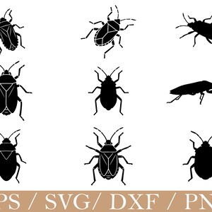 Op de afbeelding: Een verzameling van negen zwarte insecten silhouetten, elk met een unieke vorm en ontwerp, tegen een witte achtergrond. De insecten variëren in grootte en detail, sommige met ingewikkelde patronen. De onderkant van de afbeelding toont de tekst "EPS / SVG / DXF / PNG".