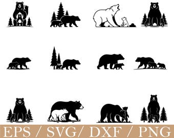 Mama Bear with Cubs Silhouette, Vector Cut Files (SVG, Dxf, Png)