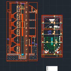 Peut inclure: Plans architecturaux détaillés d'un bâtiment, en orange et noir. Les plans présentent des plans d'étage, des coupes transversales, des escaliers et des cages d'ascenseur. L'image offre une vue de dessus et une élévation latérale de la conception du bâtiment.