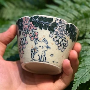 Hand-Painted Jingdezhen Underglaze Pottery Sakura Cat Mug, Kawaii Handmade Coffee Cup