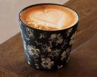 Handmade Black Floral Ceramic Coffee Cup - 230ml Textured Cherry Blossom Mug - KilnSongStudio