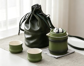 Panda & Bamboo Portable Travel Tea Set, Ceramic Gongfu Teaware with Leather Case