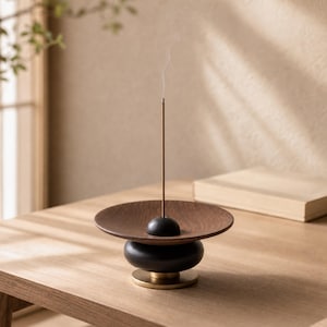 Push-Release Ash Catcher,  Walnut Incense Holder, Heart Sutra Engraved, Zen Decor (Gift Set)