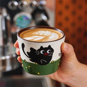 Handbemalte Katzen-Keramiktasse - Grüne Wiese Löwenzahn-Kaffeetasse (230ml)