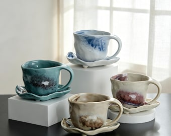 Wabi-Sabi Ceramic Coffee Cup and Saucer Set, Organic Irregular Espresso Mug, 175ml