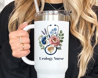 泌尿器科看護師向け花柄聴診器トラベルマグ 40オンス 看護師へのギフト 看護師への感謝 登録看護師卒業祝い RN 断熱コーヒータンブラー