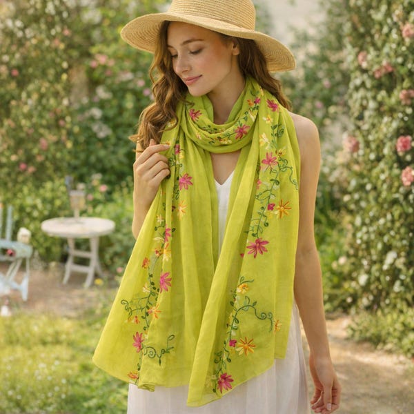 Floral Georgette Scarf Women Lightweight Shawl | 100% Polyester Embroidered Wrap | Summer Sun Protection Scarf | Travel Long Scarf