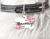Personalized Dog Tag Cat Tag Bone Oval Heart Shaped Custom Pet ID Tag Two sided or One Side Flowers Soft Pink