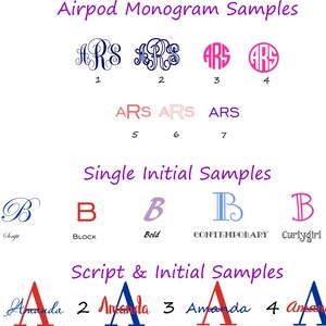 May include: Seven different monogram and initial font styles for Airpods. The monogram styles are in navy blue, pink, and red. The initial styles are in blue, purple, red, and light blue.