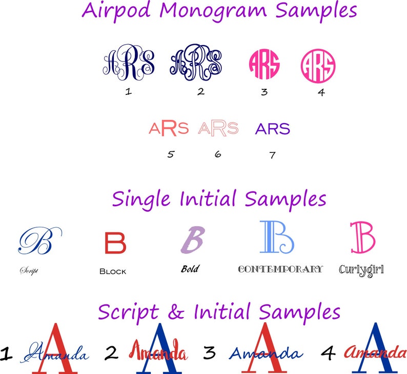 May include: Seven different monogram and initial font styles for Airpods. The monogram styles are in navy blue, pink, and red. The initial styles are in blue, purple, red, and light blue.