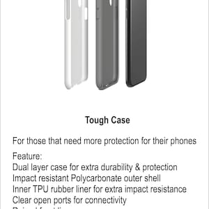 May include: A tough phone case with a dual layer design. The case is made of a polycarbonate outer shell and a TPU rubber liner for extra impact resistance. It has clear open ports for connectivity and a raised front lip to protect the screen. The case covers the back and sides of the phone.