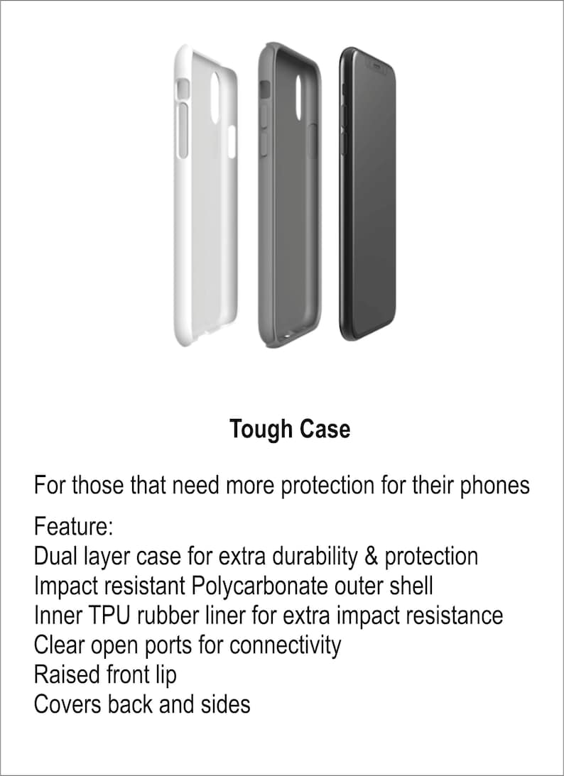 May include: A tough phone case with a dual layer design. The case is made of a polycarbonate outer shell and a TPU rubber liner for extra impact resistance. It has clear open ports for connectivity and a raised front lip to protect the screen. The case covers the back and sides of the phone.