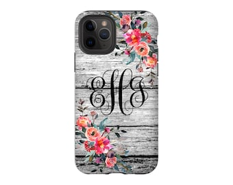 Personalized Monogram Custom Phone Case iPhone 15 14 13 12 11 Pro Max Galaxy S23 S22 S21 Ultra Plus Magsafe Pixel 6 7 Pro Flowers Gray Wood