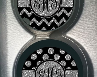 Monogram Custom Black and Silver Glitter Chevrons and Dots (Not Real Glitter)  Car Cup Holder Coaster Gift for Women Personalized Sandstone