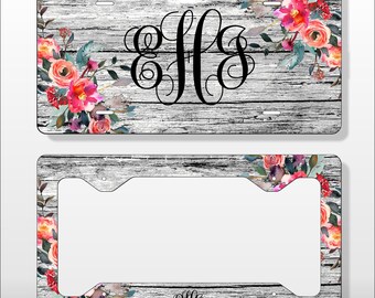 Personalized Monogram License Plate Rustic Wood Black Coral Pink Roses - Licence Tag - Custom License Frame - Car Tag