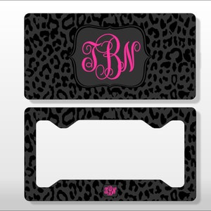 Personalized Monogram License Plate Black and Black Leopard - Licence Tag - Custom License Frame Car Tag Vanity Car Plate key chain coaster
