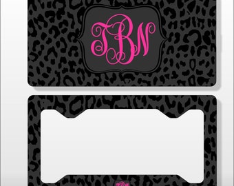 Personalized Monogram License Plate Black and Black Leopard - Licence Tag - Custom License Frame Car Tag Vanity Car Plate key chain coaster