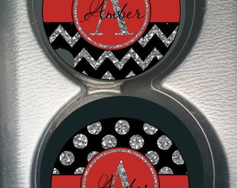 Custom Monogram Poppy Red Black and Silver Glitter Chevron (Not Real Glitter) Car Cup Holder Coaster Gift for Women Personalized Sandstone