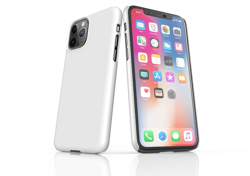 May include: A white iPhone case with a black iPhone showing the home screen with various app icons. The phone is on a white surface.