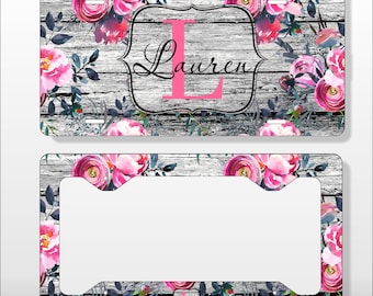 Personalized Monogram License Plate Blush Gray Roses Rustic Wood Black & White Deep Pink Initial - Licence Tag Custom License Frame Car Tag