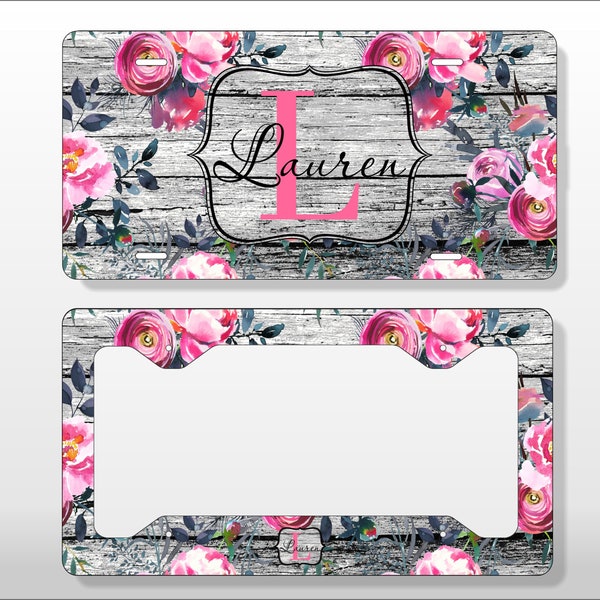 Personalized Monogram License Plate Blush Gray Roses Rustic Wood Black & White Deep Pink Initial - Licence Tag Custom License Frame Car Tag