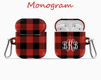 Personalized Red Buffalo Plaid Airpod Case Airpod Pro Case holder cover with keychain holder Custom Monogram Airpod case Christmas Gift