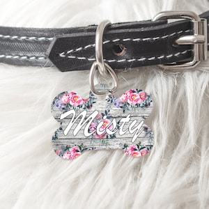 Personalized Dog Tag Pet Tag Cat Bone Oval Heart Shaped Custom Pet ID Tag Two sided  or One Side Flowers on wood