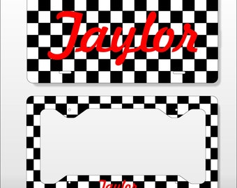 Personalized Monogram License Plate Frame Black & White Checker Checkboard  - Licence Tag - Custom License Frame Car Tag Vanity Car Plate