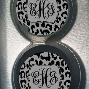 Custom Monogram Gloss Gray Leopard  Black Spots Sandstone Car Cup Holder Coaster Gift for Women Personalized