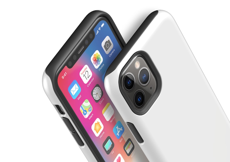 May include: A white phone case with a black bumper and a clear back. The phone case has a raised camera bump with three lenses. The phone case is shown on a white iPhone with a black screen.
