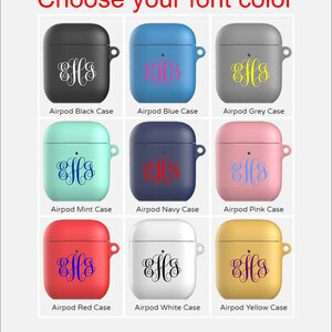 May include: Nine different colored Airpod cases with the monogram "EHS" in various colors. The cases are black, blue, grey, mint, navy, pink, red, white, and yellow.