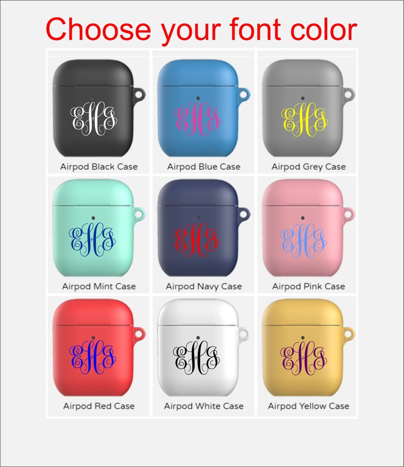 May include: Nine different colored Airpod cases with the monogram "EHS" in various colors. The cases are black, blue, grey, mint, navy, pink, red, white, and yellow.