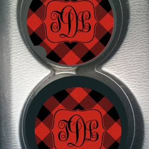 Custom Monogram Red & Black Buffalo Plaid Car Cup Holder Coaster Gift for Women Personalized Sandstone Christmas Gift Present