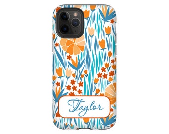 Personalized Monogram Plain Custom Phone Case iPhone 15 14 13 12 11 Pro Max Galaxy S23 Ultra Plus Magsafe Pixel 7 small Flowers Light Blue