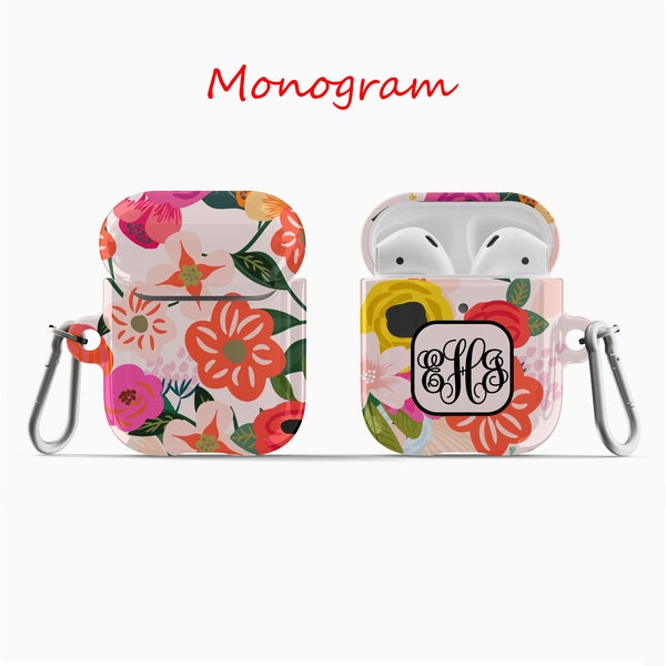 Personalized Painted Flowers on Pink Airpod 1st /2nd gen Case Airpod Pro Case holder cover with keychain holder Custom Monogram gift CA