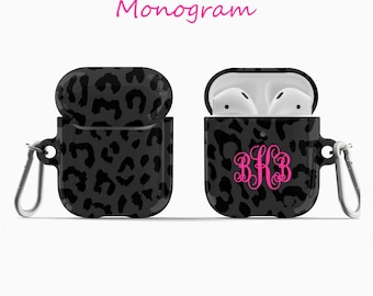 Personalized Black Leopard black spots Airpod 1st /2nd generation Case Airpod Pro Case holder cover with keychain holder Custom Monogram CA