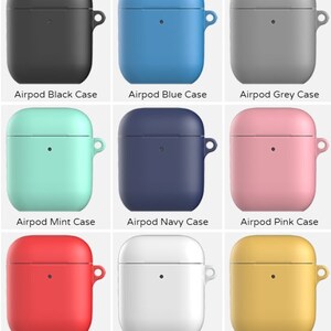 May include: Nine silicone Airpod cases in different colors: black, blue, gray, mint, navy, pink, red, white, and yellow.