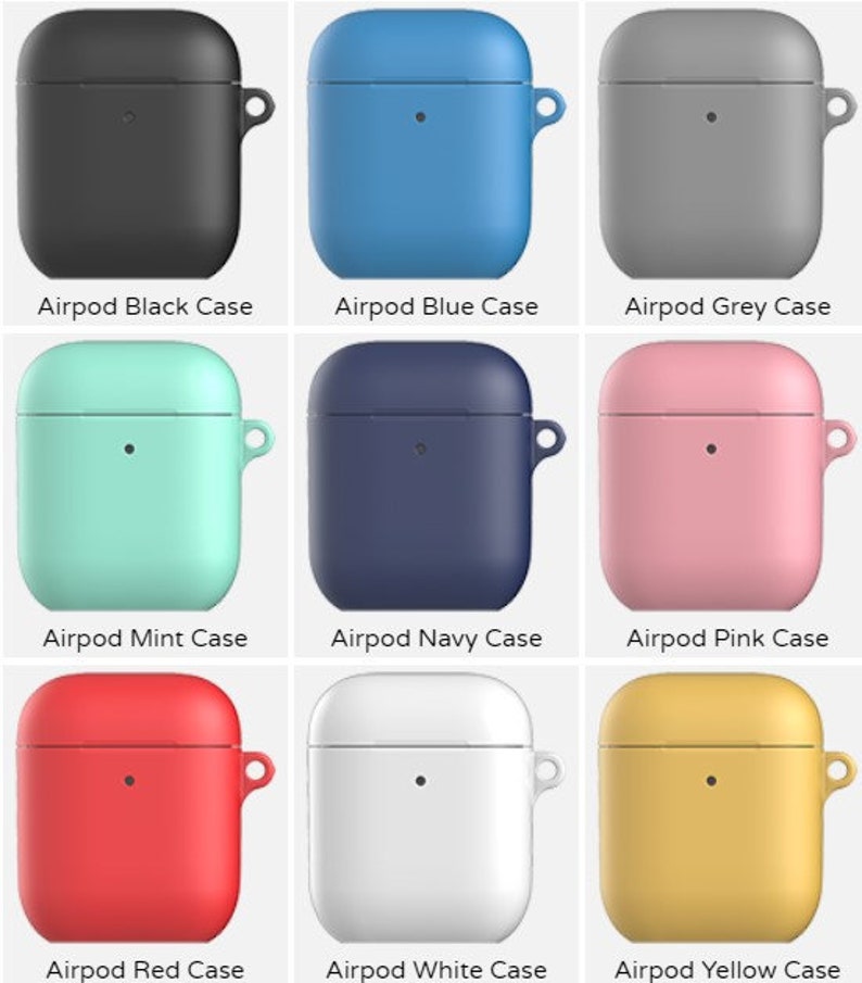 May include: Nine silicone Airpod cases in different colors: black, blue, gray, mint, navy, pink, red, white, and yellow.