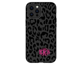 Black Leopard Personalized Monogram Custom Phone Case iPhone 15 14 13 12 11 Pro Max Mini Galaxy S23 S22 S21 Ultra Plus Magsafe Pixel 6 7 Pro