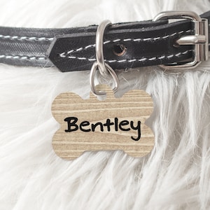 Personalized dog Tag Cat tag Bone Oval Heart Shaped Custom Pet ID Tag Two sided  or One Side Beige wood Gift Puppy
